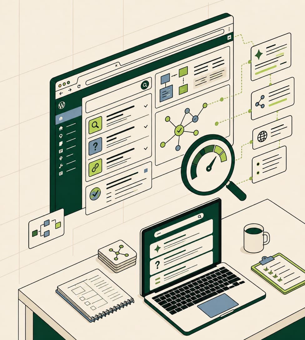 WordPress AI search optimization dashboard with schema, entity and answer cards