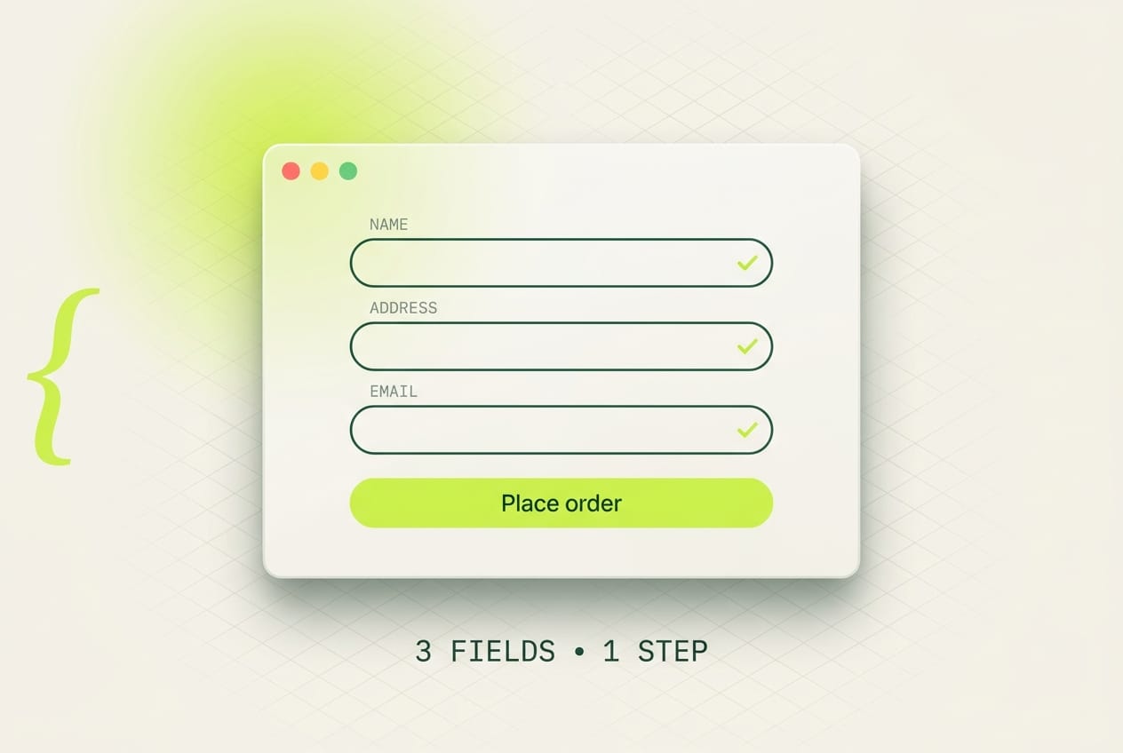 Streamlined WooCommerce checkout with three address fields and a lime Place Order button
