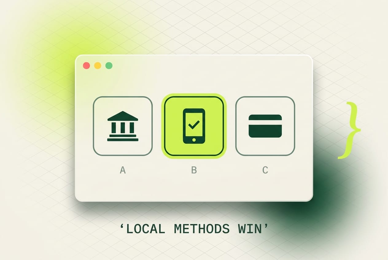 Row of three payment-method tiles with the middle option highlighted in a lime pill
