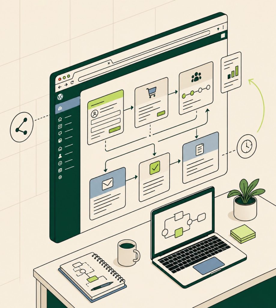 WordPress AI automation workflow board connecting forms, orders, CRM and email