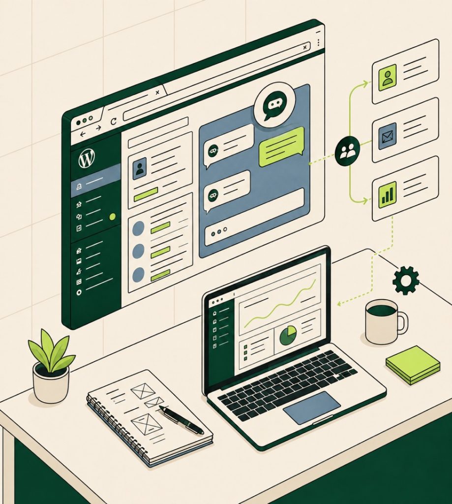 WordPress AI chatbot dashboard with lead routing and CRM handoff cards