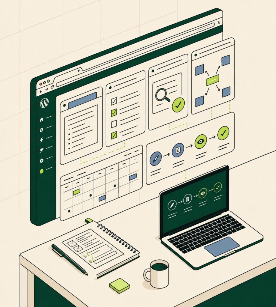WordPress AI content workflow dashboard with briefs, reviews, approvals and publishing steps