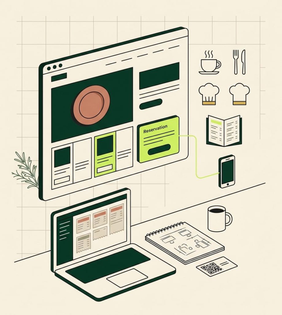 WordPress website for a restaurant and cafe business showing menu, reservation widget and food photography